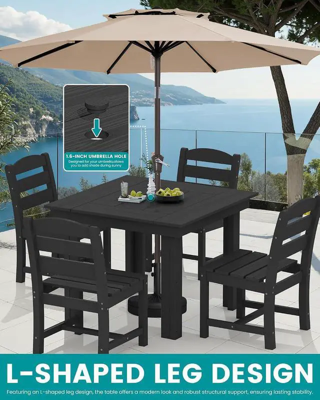 Alt view image 5 of 7 - Outdoor Dining Set for 4, HDPE Square Table and Chairs Set All Weather Patio Dining Set with 4 Armless Chairs for Patio, Black