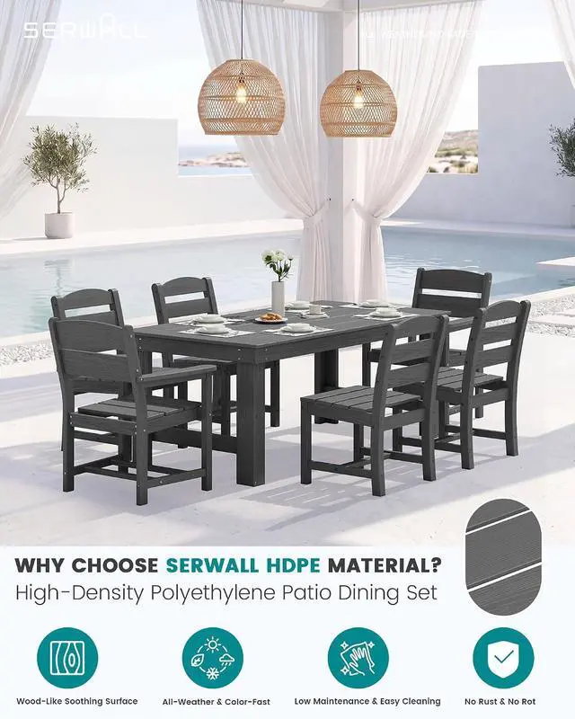 Alt view image 2 of 6 - Outdoor Dining Table Set, 67 HDPE Patio Dining Set for 4, All-Weather Outdoor Table and Armless Chairs Set for Deck, Grey