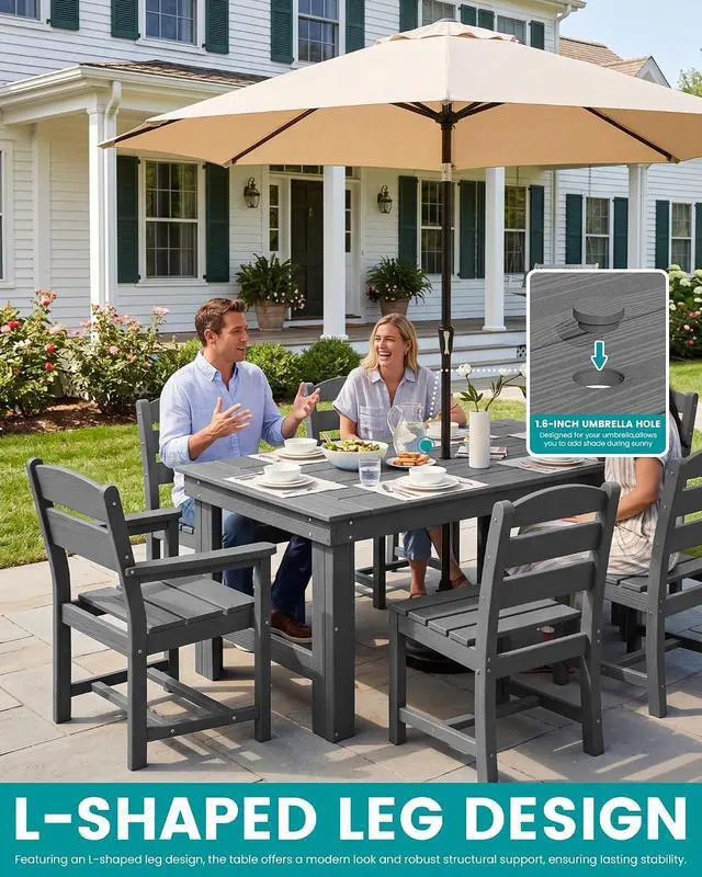 Alt view image 3 of 6 - Outdoor Dining Table Set, 67 HDPE Patio Dining Set for 4, All-Weather Outdoor Table and Armless Chairs Set for Deck, Grey