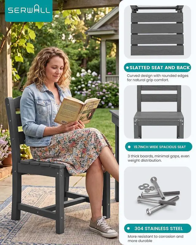 Alt view image 4 of 6 - Outdoor Dining Table Set, 67 HDPE Patio Dining Set for 4, All-Weather Outdoor Table and Armless Chairs Set for Deck, Grey