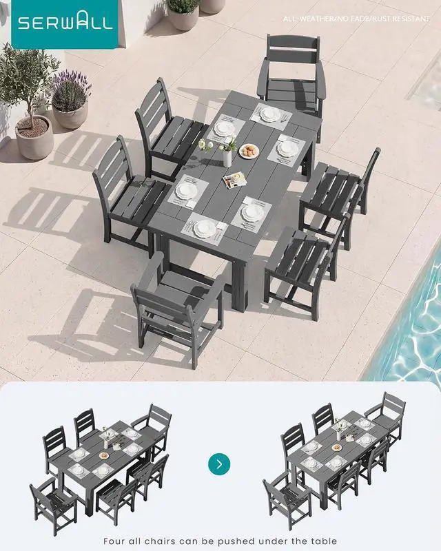 Alt view image 6 of 6 - Outdoor Dining Table Set, 67 HDPE Patio Dining Set for 4, All-Weather Outdoor Table and Armless Chairs Set for Deck, Grey