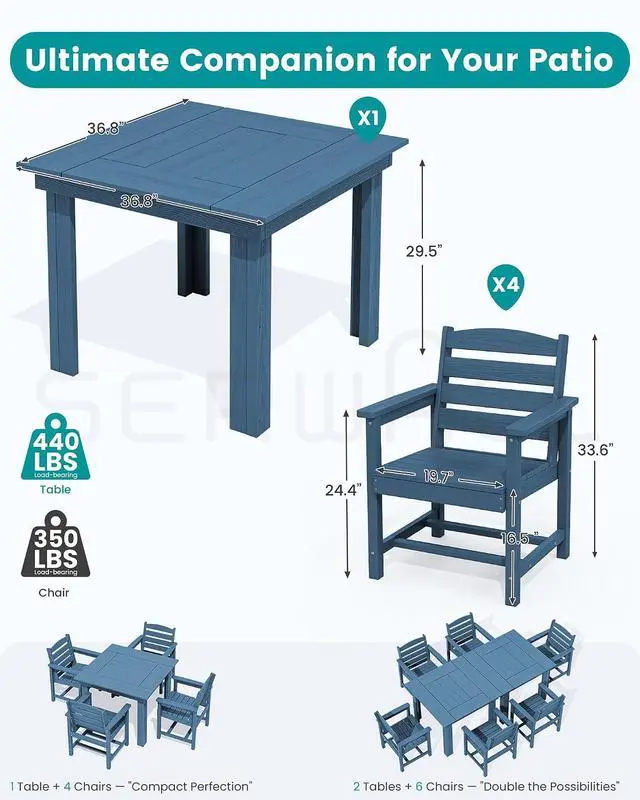 Alt view image 2 of 7 - Outdoor Dining Set for 4, HDPE Square Table and Chairs Set All Weather Patio Dining Set, 5-Piece Patio Dining Furniture for Deck, Blue