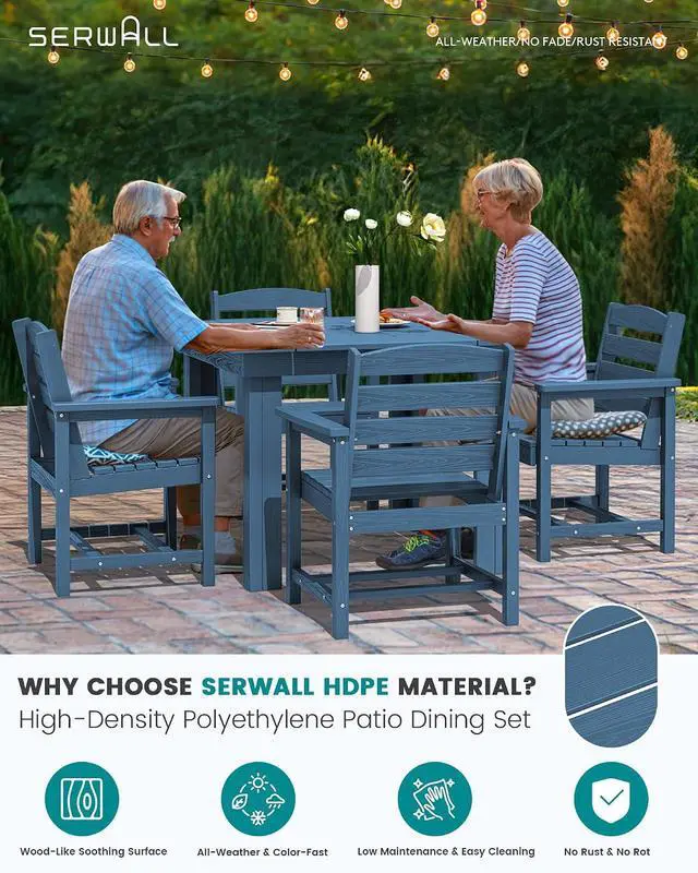 Alt view image 3 of 7 - Outdoor Dining Set for 4, HDPE Square Table and Chairs Set All Weather Patio Dining Set, 5-Piece Patio Dining Furniture for Deck, Blue