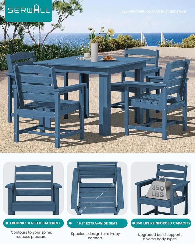Alt view image 4 of 7 - Outdoor Dining Set for 4, HDPE Square Table and Chairs Set All Weather Patio Dining Set, 5-Piece Patio Dining Furniture for Deck, Blue