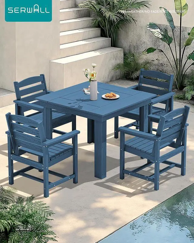 Alt view image 5 of 7 - Outdoor Dining Set for 4, HDPE Square Table and Chairs Set All Weather Patio Dining Set, 5-Piece Patio Dining Furniture for Deck, Blue