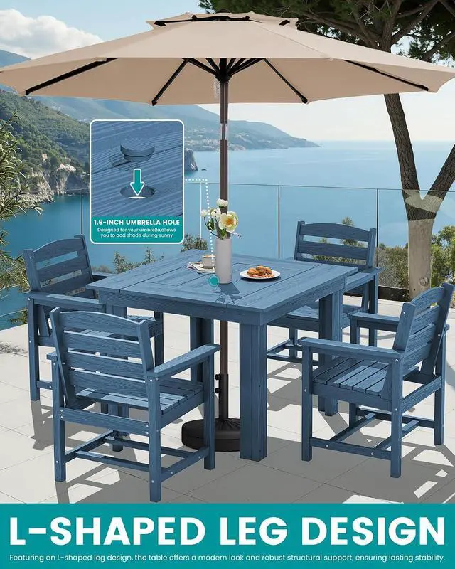 Alt view image 6 of 7 - Outdoor Dining Set for 4, HDPE Square Table and Chairs Set All Weather Patio Dining Set, 5-Piece Patio Dining Furniture for Deck, Blue