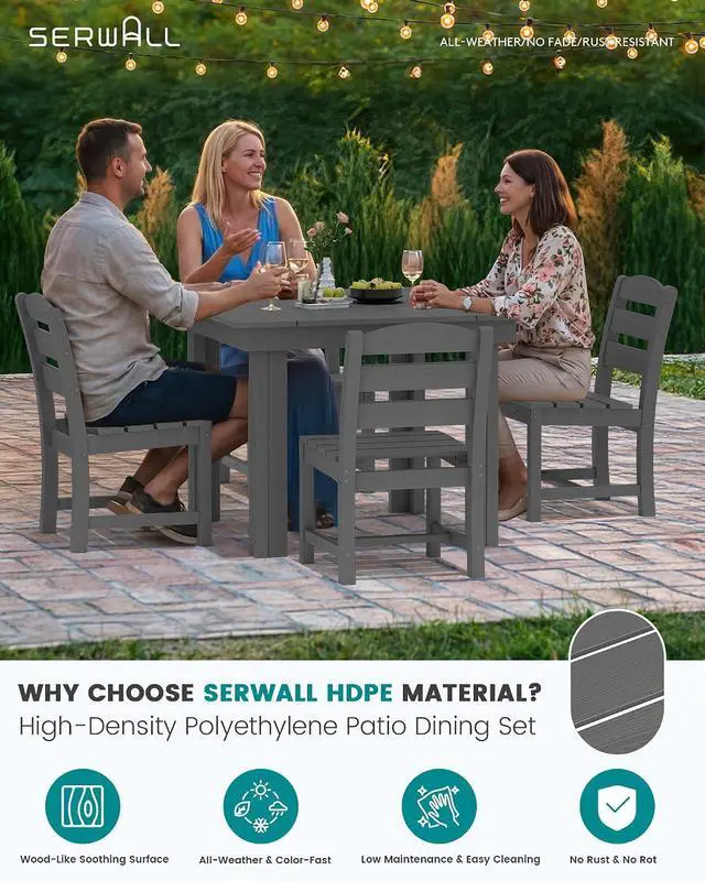 Alt view image 2 of 6 - Outdoor Dining Set for 4, HDPE Square Table and Chairs Set All Weather Patio Dining Set with 4 Armless Chairs for Patio, Gray
