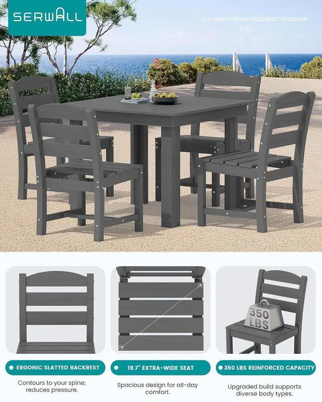 Alt view image 3 of 6 - Outdoor Dining Set for 4, HDPE Square Table and Chairs Set All Weather Patio Dining Set with 4 Armless Chairs for Patio, Gray