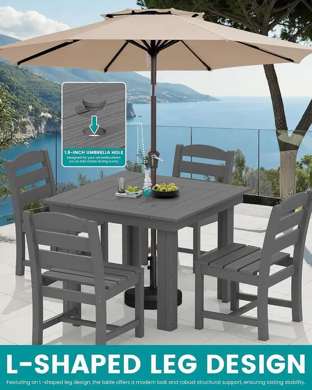 Alt view image 4 of 6 - Outdoor Dining Set for 4, HDPE Square Table and Chairs Set All Weather Patio Dining Set with 4 Armless Chairs for Patio, Gray