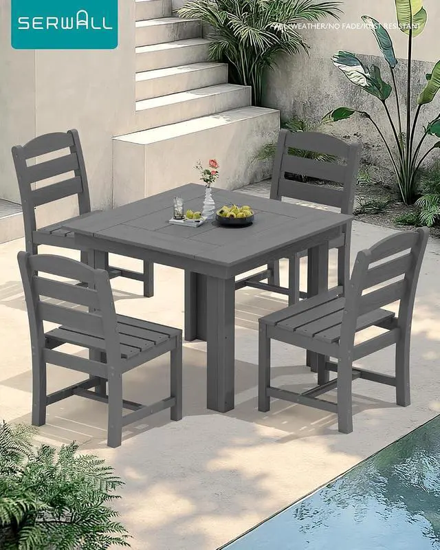Alt view image 6 of 6 - Outdoor Dining Set for 4, HDPE Square Table and Chairs Set All Weather Patio Dining Set with 4 Armless Chairs for Patio, Gray