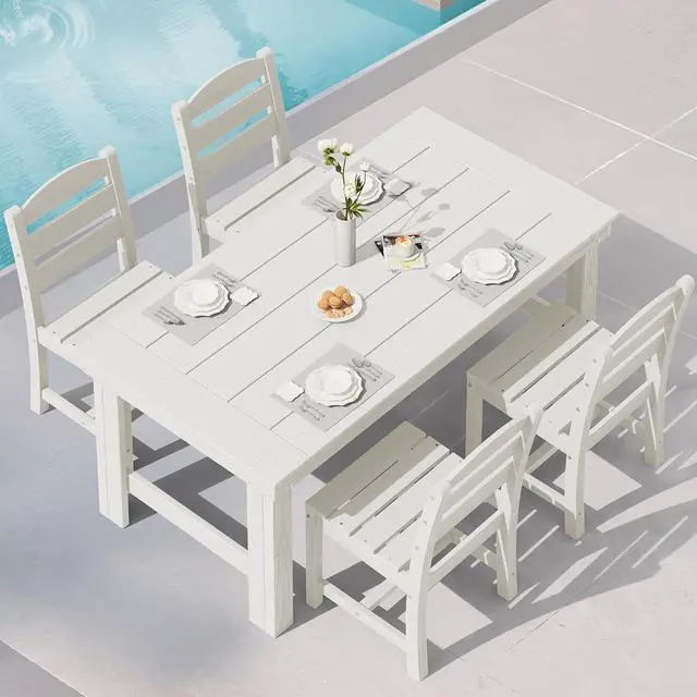 Main image of Outdoor Dining Table Set, 67 HDPE Patio Dining Set for 4, All-Weather Outdoor Table and Armless Chairs Set for Deck, White