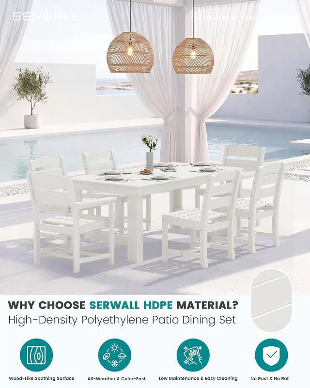 Alt view image 2 of 6 - Outdoor Dining Table Set, 67 HDPE Patio Dining Set for 4, All-Weather Outdoor Table and Armless Chairs Set for Deck, White