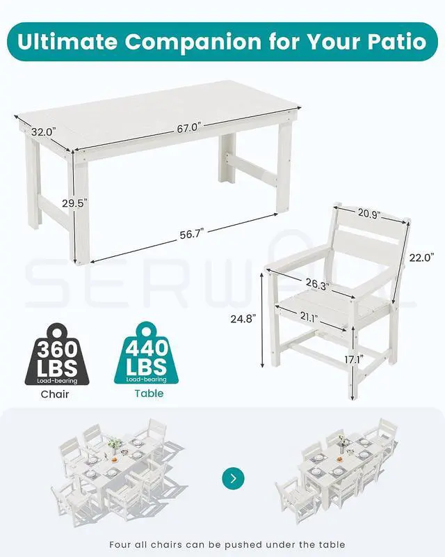 Alt view image 2 of 7 - Outdoor Dining Table Set, 67 HDPE Patio Dining Set for 4, All-Weather Outdoor Table and Chairs Set for Deck, White