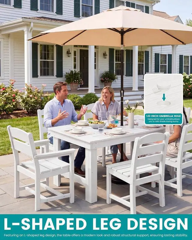 Alt view image 3 of 6 - Outdoor Dining Table Set, 67 HDPE Patio Dining Set for 4, All-Weather Outdoor Table and Armless Chairs Set for Deck, White