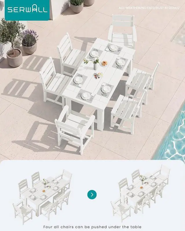 Alt view image 6 of 6 - Outdoor Dining Table Set, 67 HDPE Patio Dining Set for 4, All-Weather Outdoor Table and Armless Chairs Set for Deck, White