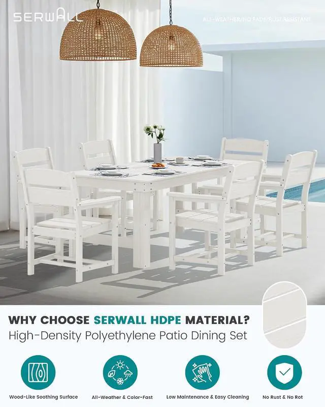 Alt view image 3 of 7 - Outdoor Dining Table Set, 67 HDPE Patio Dining Set for 4, All-Weather Outdoor Table and Chairs Set for Deck, White