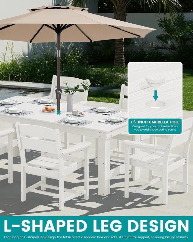 Alt view image 5 of 7 - Outdoor Dining Table Set, 67 HDPE Patio Dining Set for 4, All-Weather Outdoor Table and Chairs Set for Deck, White
