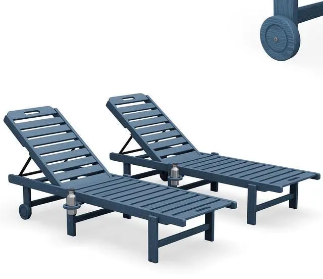 Main image of Patio Chaise Lounge Set of 2, All-Weather HDPE Pool Lounge Chairs with 5-Position Adjustable Backrest, Rolling Wheels & Cup Holder for Poolside, Blue