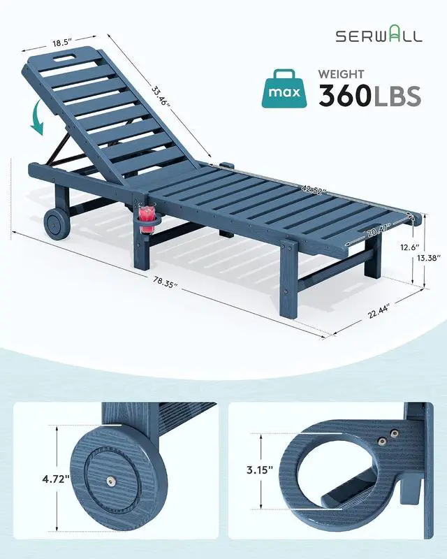 Alt view image 3 of 7 - Patio Chaise Lounge Set of 2, All-Weather HDPE Pool Lounge Chairs with 5-Position Adjustable Backrest, Rolling Wheels & Cup Holder for Poolside, Blue