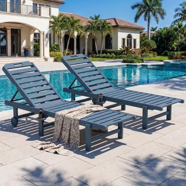 Alt view image 2 of 7 - Patio Chaise Lounge Set of 2, All-Weather HDPE Pool Lounge Chairs with 5-Position Adjustable Backrest, Rolling Wheels & Cup Holder for Poolside, Blue