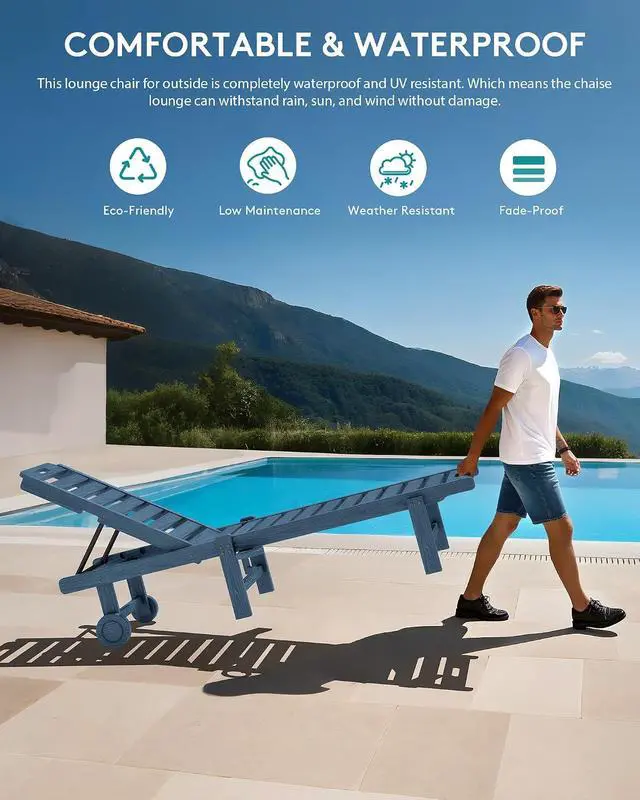 Alt view image 5 of 7 - Patio Chaise Lounge Set of 2, All-Weather HDPE Pool Lounge Chairs with 5-Position Adjustable Backrest, Rolling Wheels & Cup Holder for Poolside, Blue
