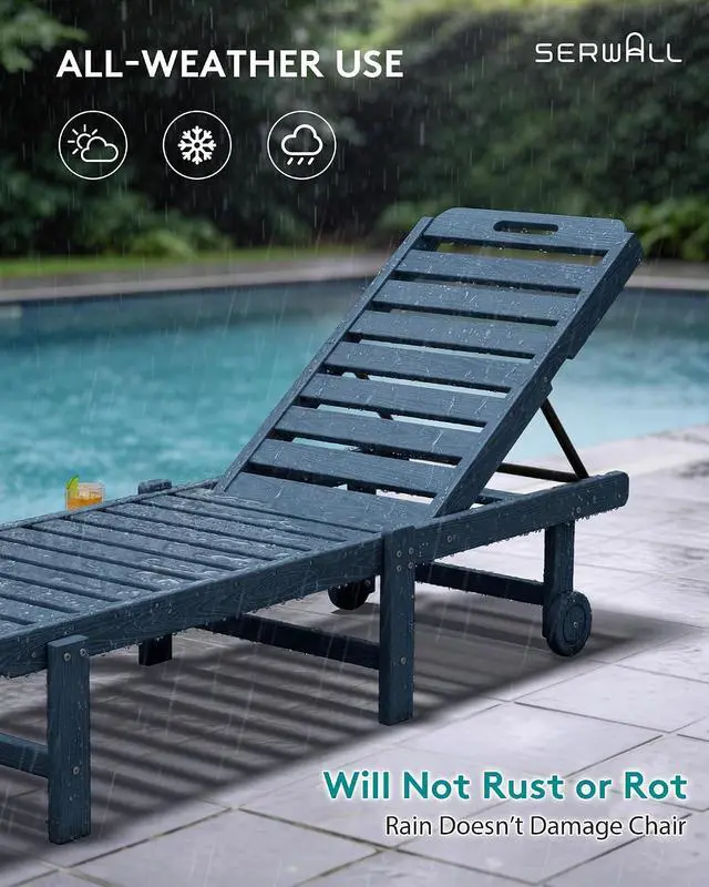 Alt view image 7 of 7 - Patio Chaise Lounge Set of 2, All-Weather HDPE Pool Lounge Chairs with 5-Position Adjustable Backrest, Rolling Wheels & Cup Holder for Poolside, Blue