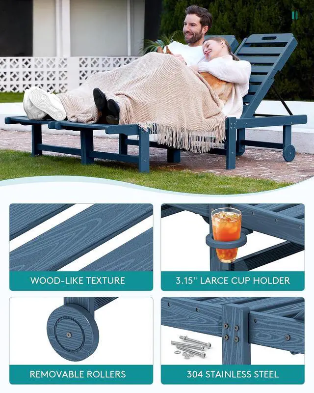 Alt view image 6 of 7 - Patio Chaise Lounge Set of 2, All-Weather HDPE Pool Lounge Chairs with 5-Position Adjustable Backrest, Rolling Wheels & Cup Holder for Poolside, Blue
