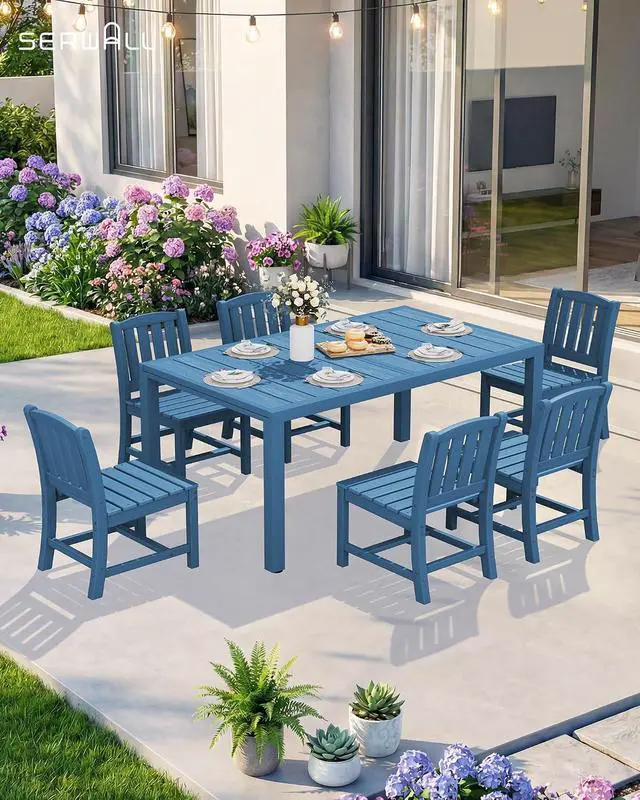 Alt view image 4 of 7 - Outdoor Expandable Dining Table 60" - 83", Patio Dining Table for 4-10 People, All Weather HDPE and Aluminum Outdoor Furniture, Blue