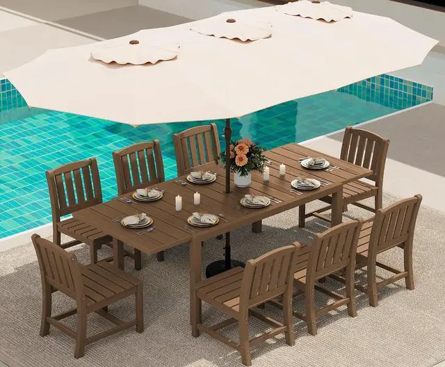 Main image of 10-Piece Patio Dining Sets with 15FT Patio Umbrella, 60" - 83" Expandable Outdoor Dining Table and 8 HDPE Chairs, All Weather HDPE Outdoor Furniture Set, Brown (Umbreall Base not Included)