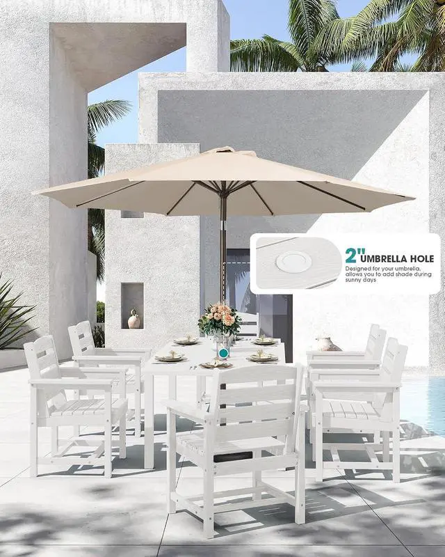 Alt view image 2 of 7 - 9-Piece Outdoor Dining Set, 60" - 83" Expandable Outdoor Dining Table and 8 HDPE Chairs, All Weather HDPE Outdoor Furniture Set for Backyard, Garden, White
