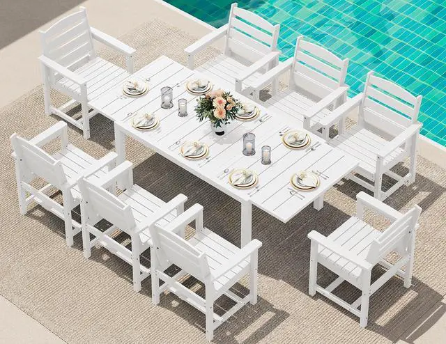 Main image of 9-Piece Outdoor Dining Set, 60" - 83" Expandable Outdoor Dining Table and 8 HDPE Chairs, All Weather HDPE Outdoor Furniture Set for Backyard, Garden, White
