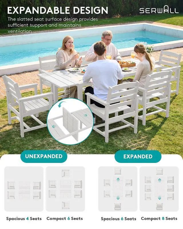 Alt view image 3 of 7 - 9-Piece Outdoor Dining Set, 60" - 83" Expandable Outdoor Dining Table and 8 HDPE Chairs, All Weather HDPE Outdoor Furniture Set for Backyard, Garden, White