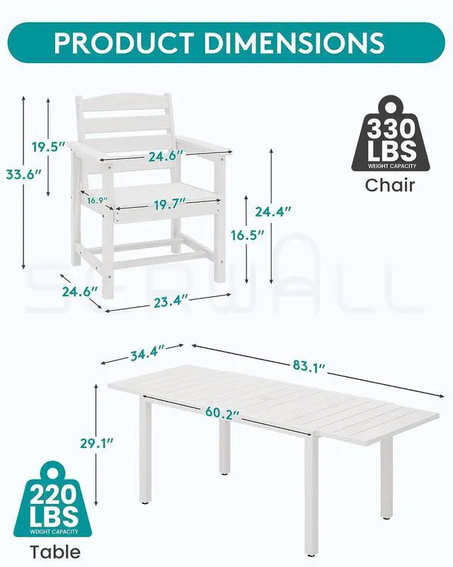 Alt view image 5 of 7 - 9-Piece Outdoor Dining Set, 60" - 83" Expandable Outdoor Dining Table and 8 HDPE Chairs, All Weather HDPE Outdoor Furniture Set for Backyard, Garden, White