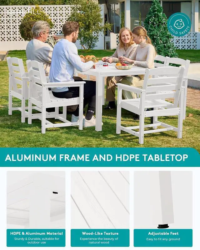 Alt view image 4 of 7 - 9-Piece Outdoor Dining Set, 60" - 83" Expandable Outdoor Dining Table and 8 HDPE Chairs, All Weather HDPE Outdoor Furniture Set for Backyard, Garden, White