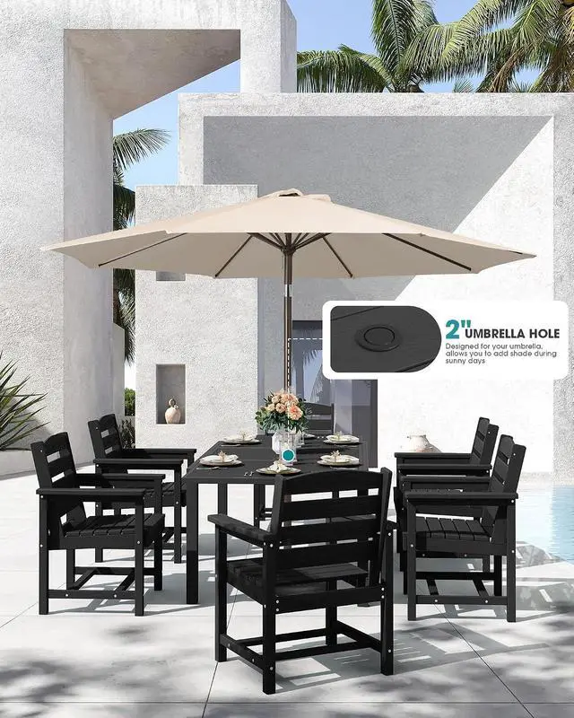 Alt view image 2 of 7 - 7-Piece Outdoor Dining Set, 60" - 83" Expandable Outdoor Dining Table and 8 HDPE Chairs, All Weather Outdoor Furniture Set, Black
