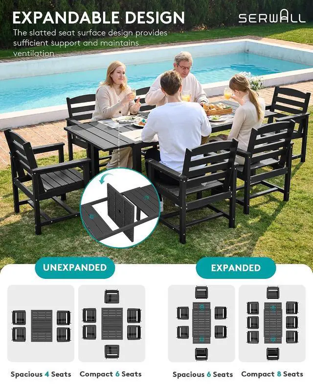 Alt view image 5 of 7 - 10-Piece Patio Dining Sets with 15FT Patio Umbrella, 60" - 83" Expandable Outdoor Dining Table and 8 HDPE Chairs, All Weather HDPE Outdoor Furniture Set (Umbreall Base not Included)