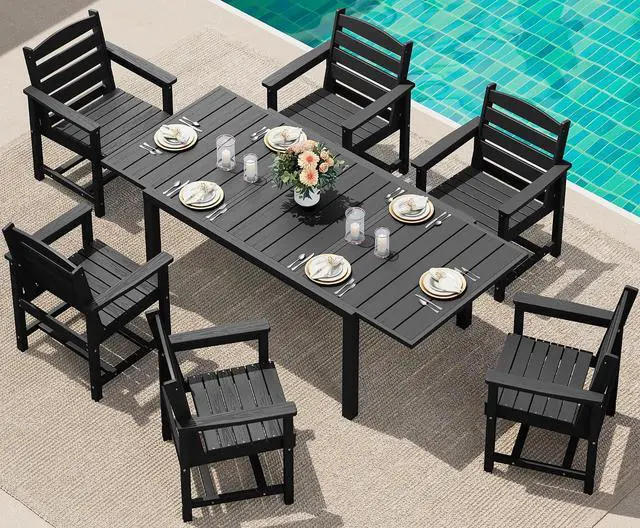 Main image of 7-Piece Outdoor Dining Set, 60" - 83" Expandable Outdoor Dining Table and 8 HDPE Chairs, All Weather Outdoor Furniture Set, Black