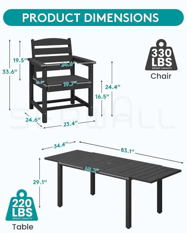 Alt view image 3 of 7 - 10-Piece Patio Dining Sets with 15FT Patio Umbrella, 60" - 83" Expandable Outdoor Dining Table and 8 HDPE Chairs, All Weather HDPE Outdoor Furniture Set (Umbreall Base not Included)