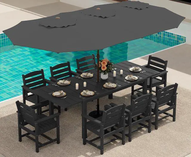 Main image of 10-Piece Patio Dining Sets with 15FT Patio Umbrella, 60" - 83" Expandable Outdoor Dining Table and 8 HDPE Chairs, All Weather HDPE Outdoor Furniture Set (Umbreall Base not Included)