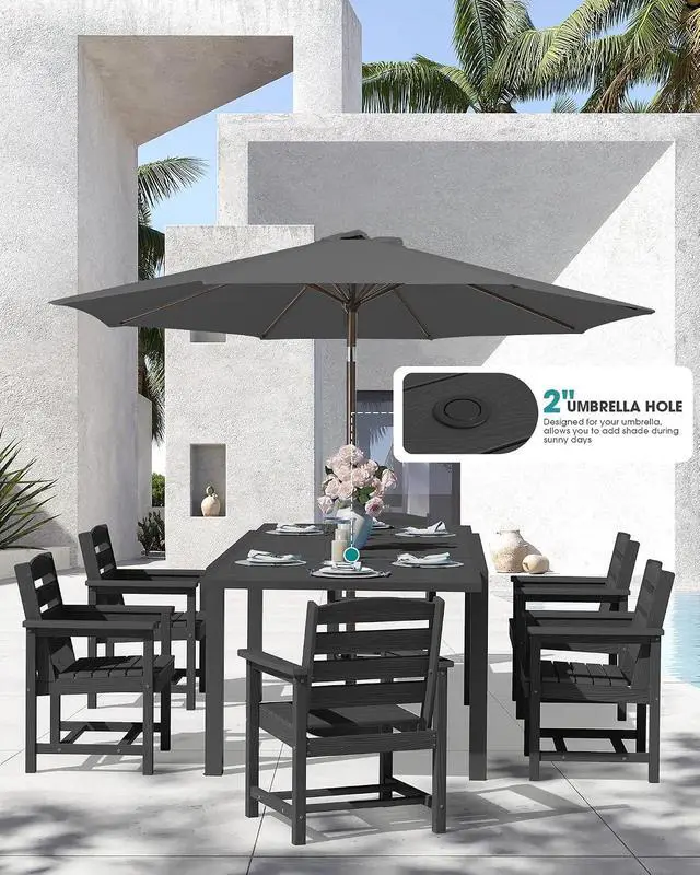 Alt view image 2 of 7 - 10-Piece Patio Dining Sets with 15FT Patio Umbrella, 60" - 83" Expandable Outdoor Dining Table and 8 HDPE Chairs, All Weather HDPE Outdoor Furniture Set (Umbreall Base not Included)
