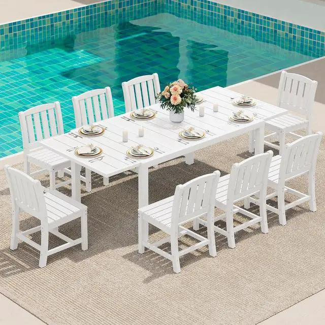 Main image of 9-Piece Outdoor Dining Set, 60" - 83" Expandable Outdoor Dining Table and 8 HDPE Chairs, All Weather HDPE Outdoor Furniture Set for Backyard, Garden, White