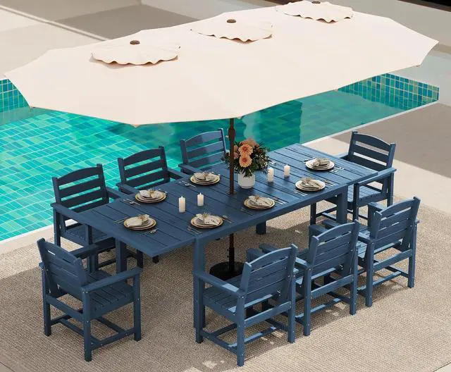 Main image of 10-Piece Patio Dining Sets with 15FT Patio Umbrella, 60" - 83" Expandable Outdoor Dining Table and 8 HDPE Chairs, All Weather HDPE Outdoor Furniture Set (Umbreall Base not Included)