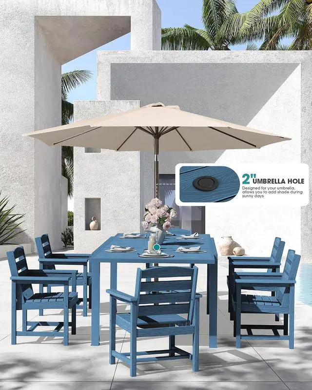Alt view image 2 of 7 - 10-Piece Patio Dining Sets with 15FT Patio Umbrella, 60" - 83" Expandable Outdoor Dining Table and 8 HDPE Chairs, All Weather HDPE Outdoor Furniture Set (Umbreall Base not Included)