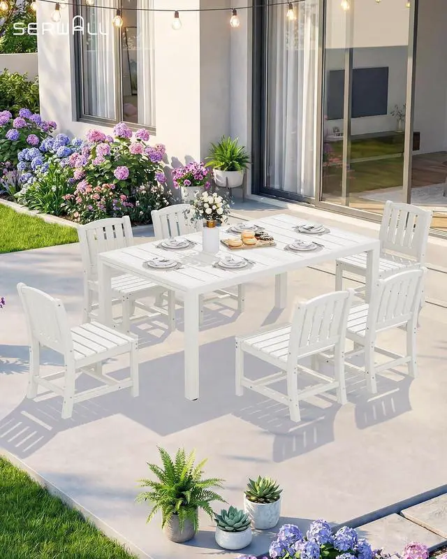 Alt view image 7 of 7 - 9-Piece Outdoor Dining Set, 60" - 83" Expandable Outdoor Dining Table and 8 HDPE Chairs, All Weather HDPE Outdoor Furniture Set for Backyard, Garden, White