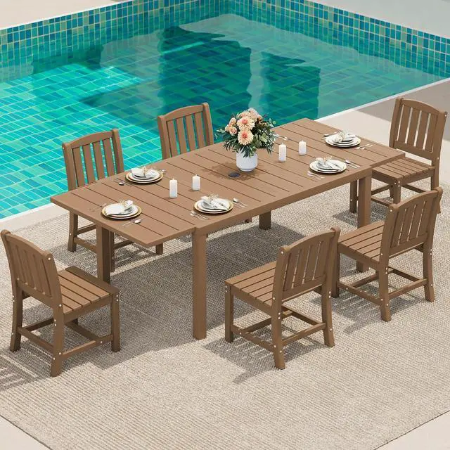 Main image of 7-Piece Outdoor Dining Set, 60" - 83" Expandable Outdoor Dining Table and 6 HDPE Chairs, All Weather HDPE Outdoor Furniture Set for Backyard, Garden