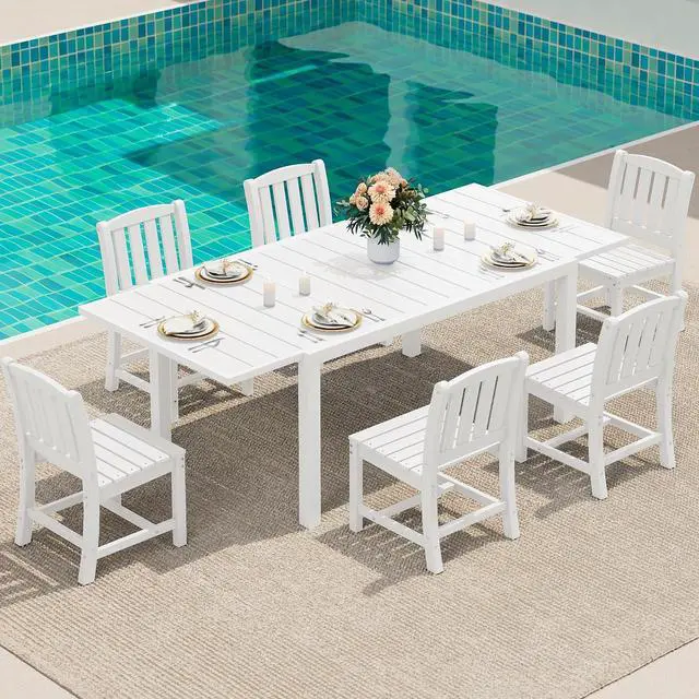 Main image of 7-Piece Outdoor Dining Set, 60" - 83" Expandable Outdoor Dining Table and 6 HDPE Chairs, All Weather HDPE Outdoor Furniture Set for Backyard, Garden, White
