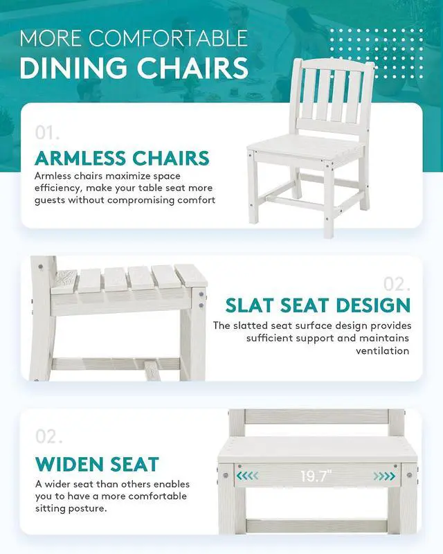 Alt view image 6 of 7 - 7-Piece Outdoor Dining Set, 60" - 83" Expandable Outdoor Dining Table and 6 HDPE Chairs, All Weather HDPE Outdoor Furniture Set for Backyard, Garden, White