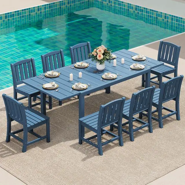Main image of 9-Piece Outdoor Dining Set, 60" - 83" Expandable Outdoor Dining Table and 8 HDPE Chairs, All Weather HDPE Outdoor Furniture Set for Backyard, Garden, Blue