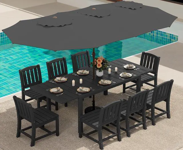 Main image of 10-Piece Patio Dining Sets with 15FT Patio Umbrella, 60" - 83" Expandable Outdoor Dining Table and 8 HDPE Chairs, Aluminum Frame Table with HDPE Tabletop, Black (Umbreall Base not Included)