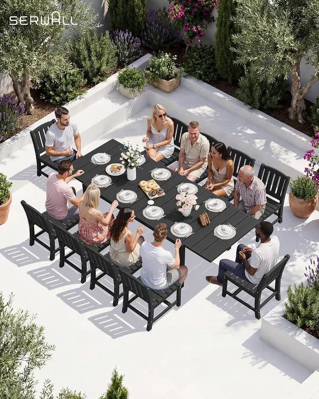 Alt view image 6 of 7 - Outdoor Expandable Dining Table 60" - 83", Patio Dining Table for 4-10 People, All Weather HDPE and Aluminum Outdoor Furniture, Black